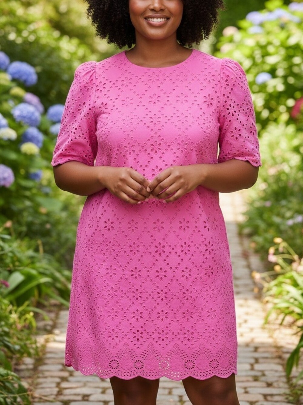 #227 London Times Pink Eyelet Midi Dress with Puff Sleeves